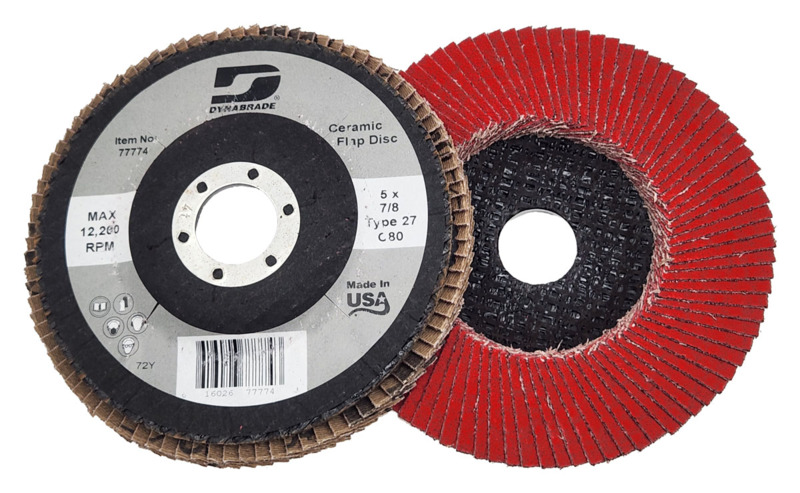 Disco de aba DynaCut Premium de cerâmica, tipo 27, com grão 80, diâmetro de 5" (127 mm) x espessura de 7/8", com reforço de fibra de vidro