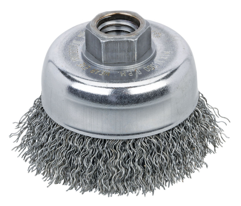 Escova de fio ondulado em forma de copo, 3" (76 mm) de diâmetro x 0,014 x 5/8"-11 UNC, aço AH